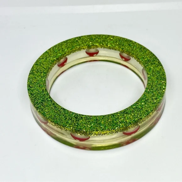 Vintage Red and White Toadstool Mushrooms Lucite Bangle Bracelet Green Sparkles - Picture 7 of 9